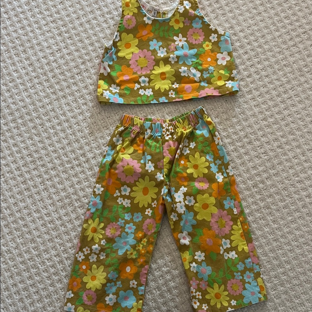 Little girlsRetro Floral Crop Top & Wide Leg Pants Set — Olive Green Floral